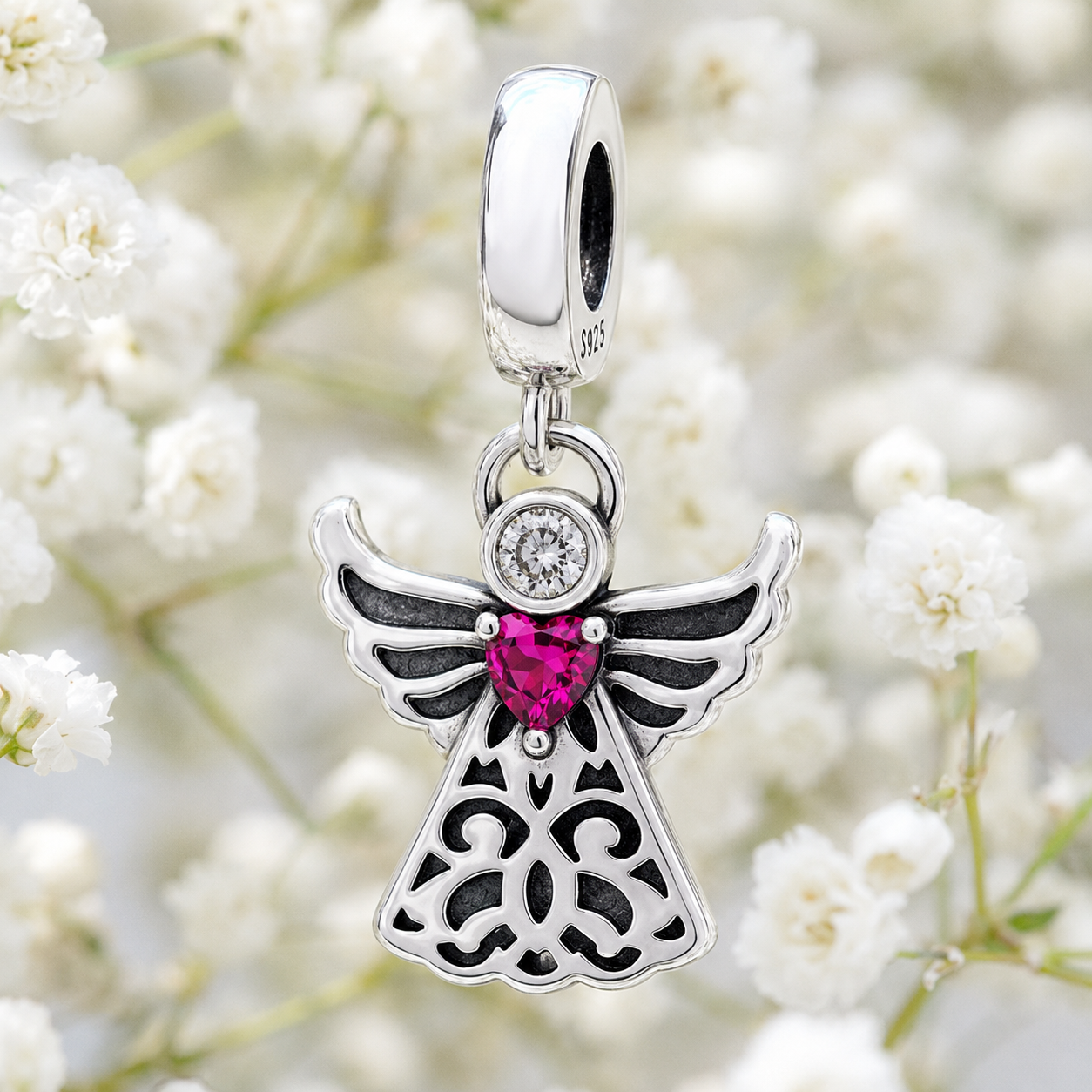 Dije Ángel con Corazón Rosa — Plata 925
