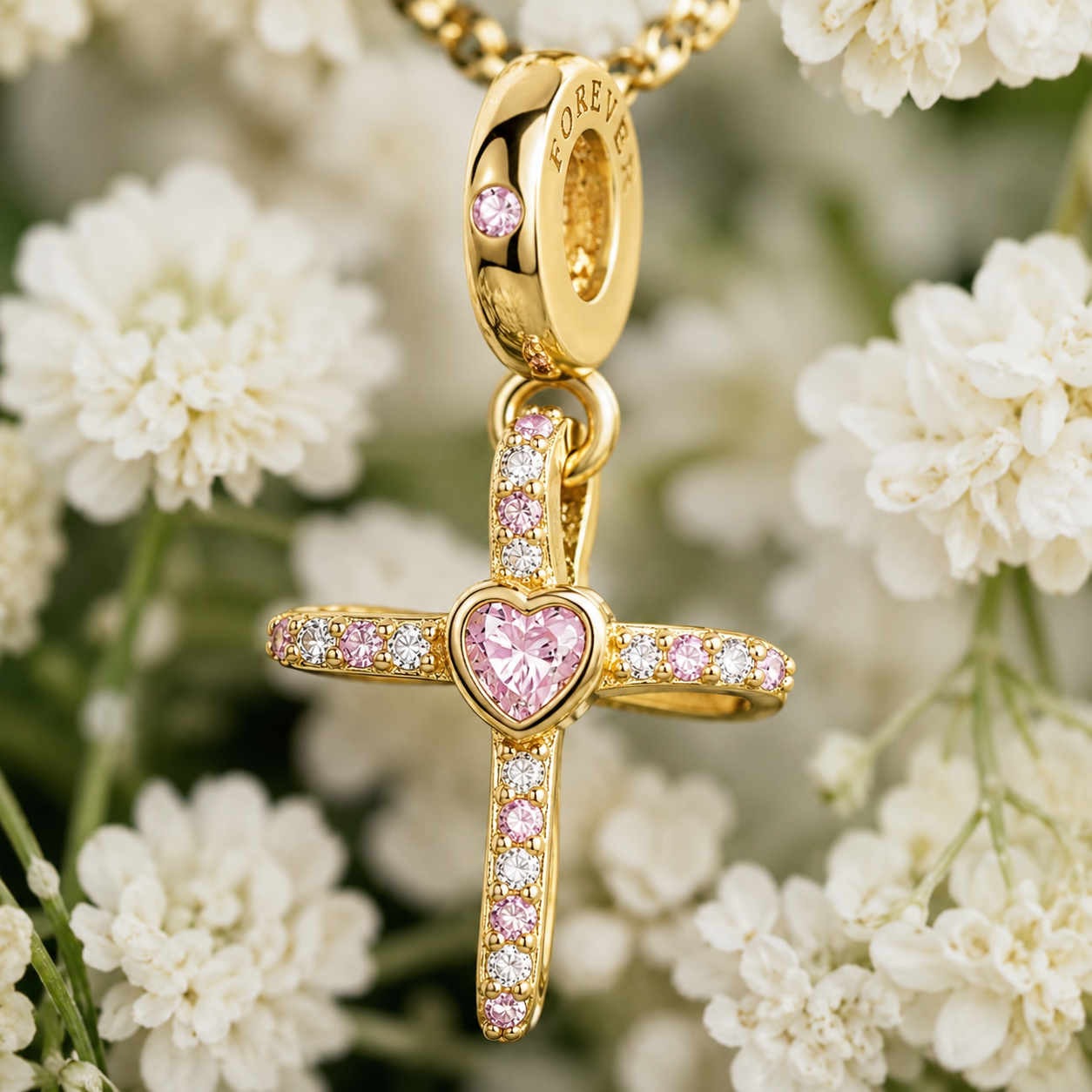 Dije Cruz del Corazón Rosa