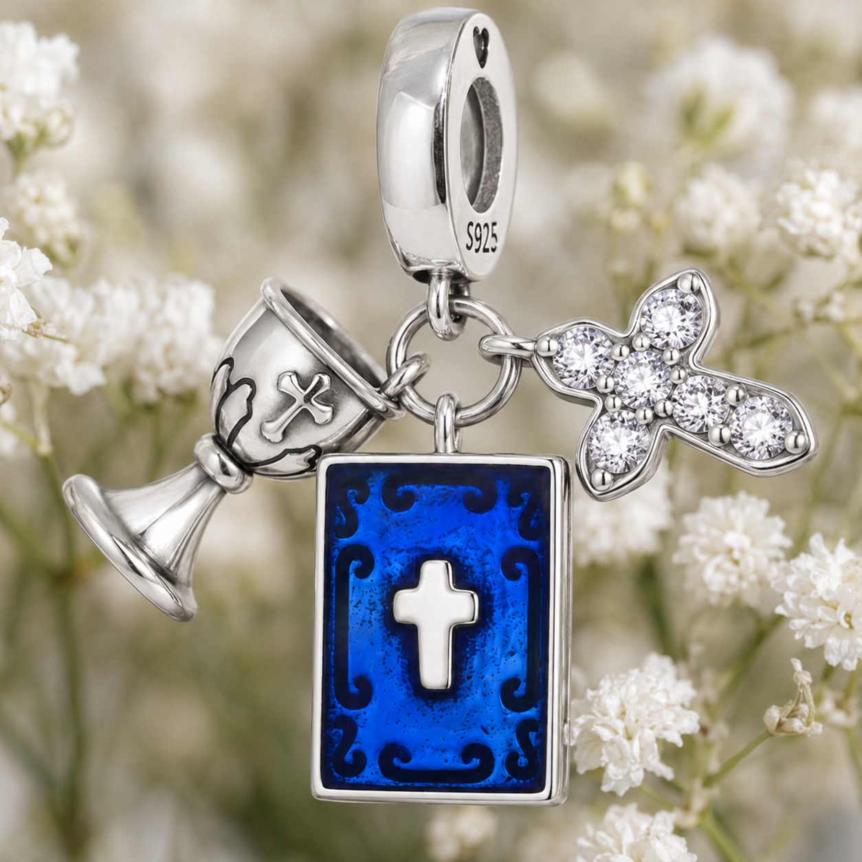Dije Cáliz, Biblia y Cruz — Plata 925