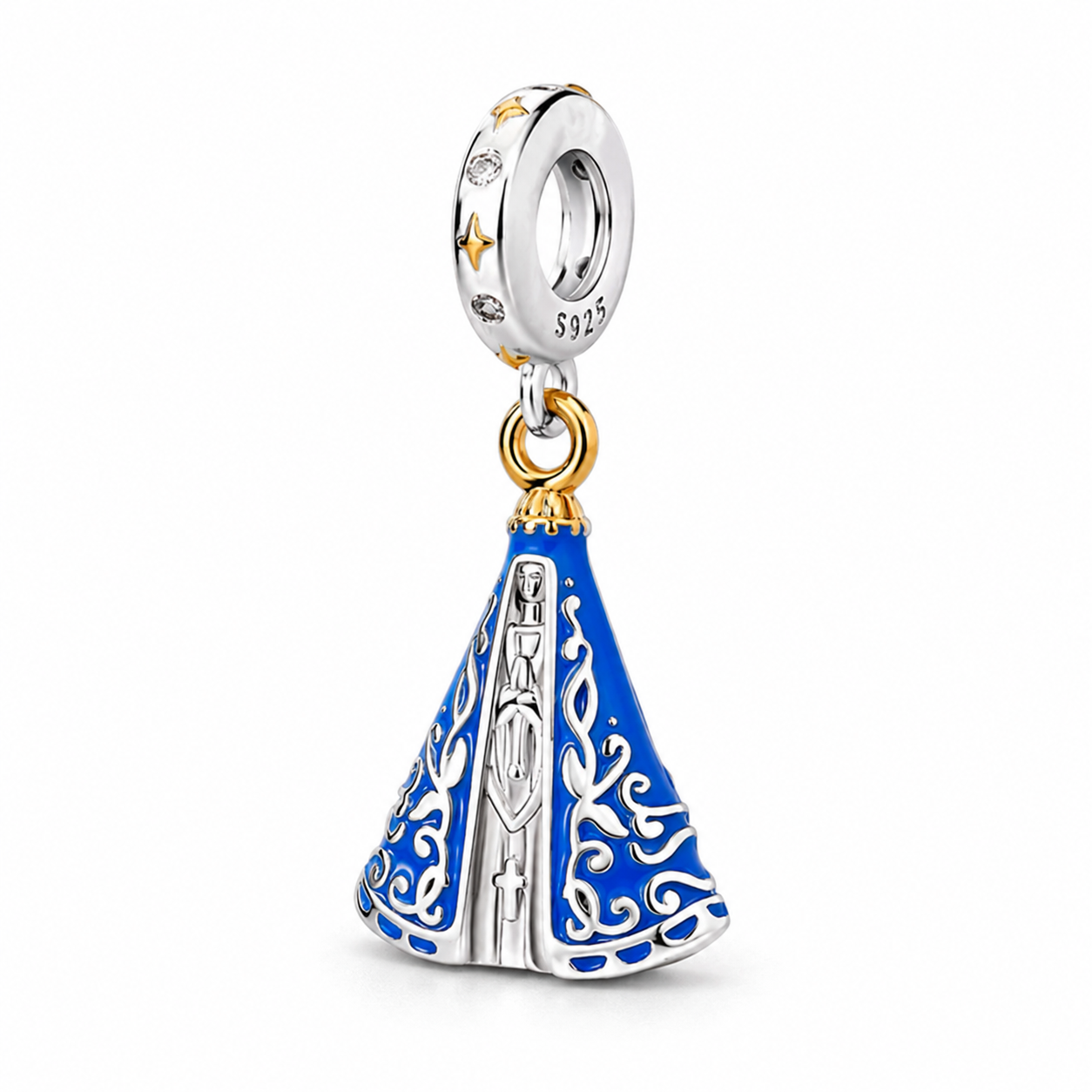 Dije de plata 925 con la Virgen Aparecida de manto azul estrellado