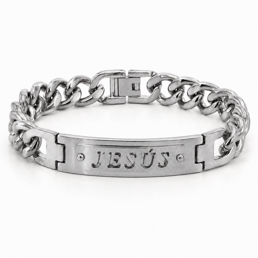 Pulsera de cadena cubana dorada con placa grabada JESÚS