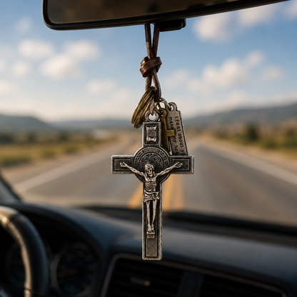 Cruz Retro para Auto – Colgante de Fe en Cuero