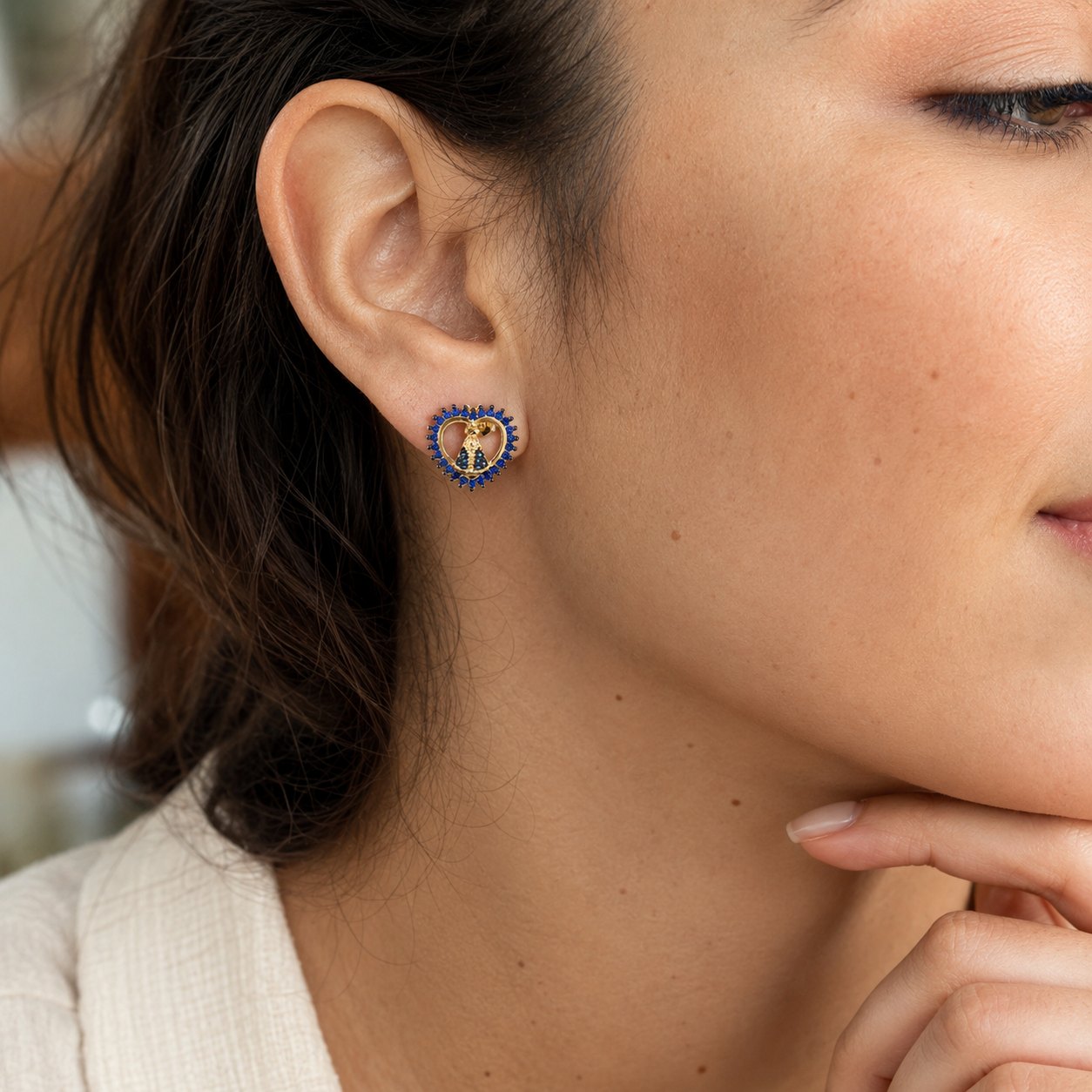 Aretes Corazón Virgen María Azul