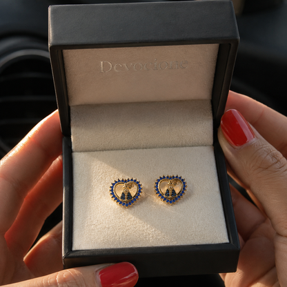 Aretes Corazón Virgen María Azul