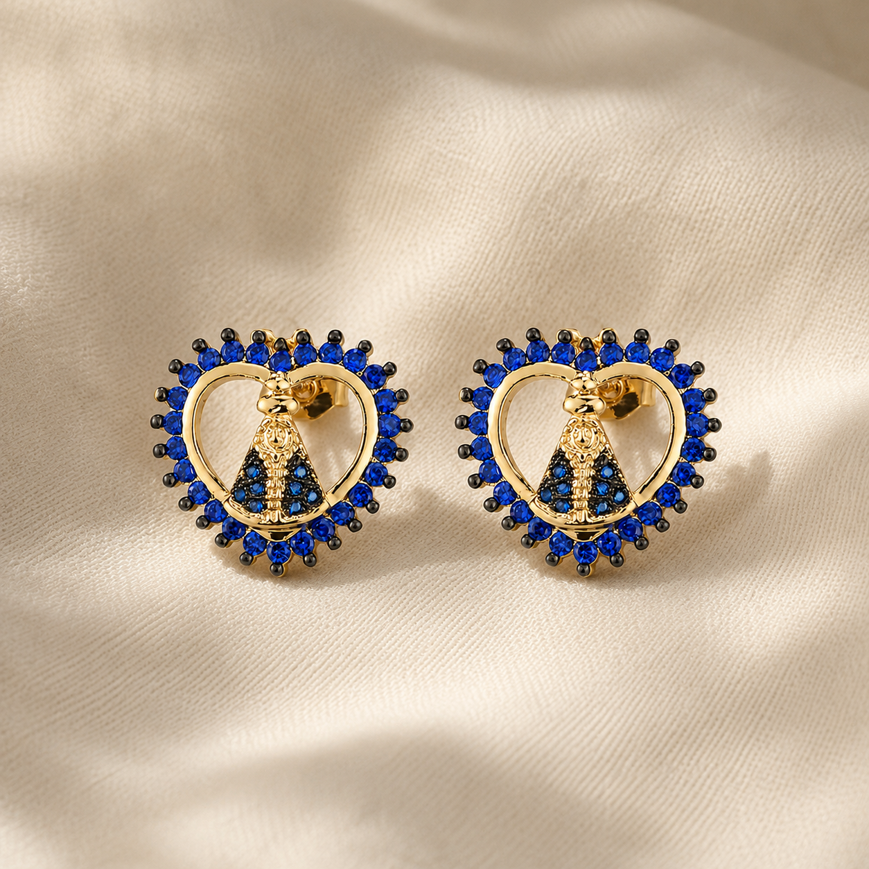 Aretes Corazón Virgen María Azul