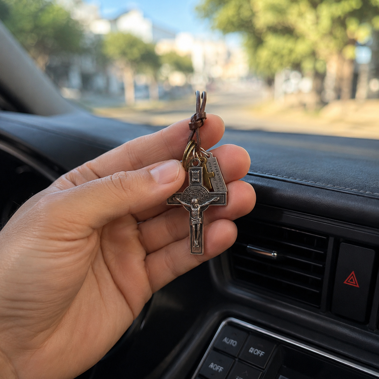 Cruz Retro para Auto – Colgante de Fe en Cuero