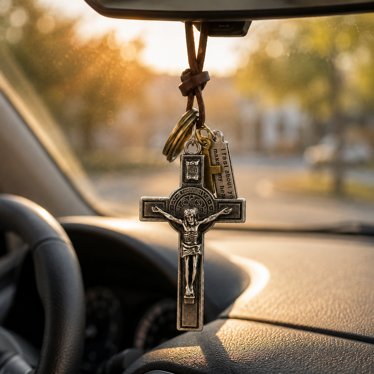Cruz Retro para Auto – Colgante de Fe en Cuero