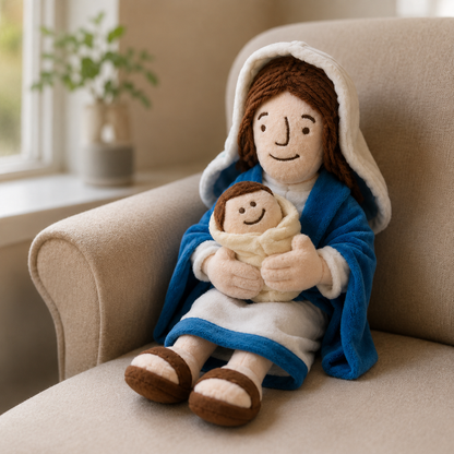Peluche de la Virgen María con el Niño Jesús