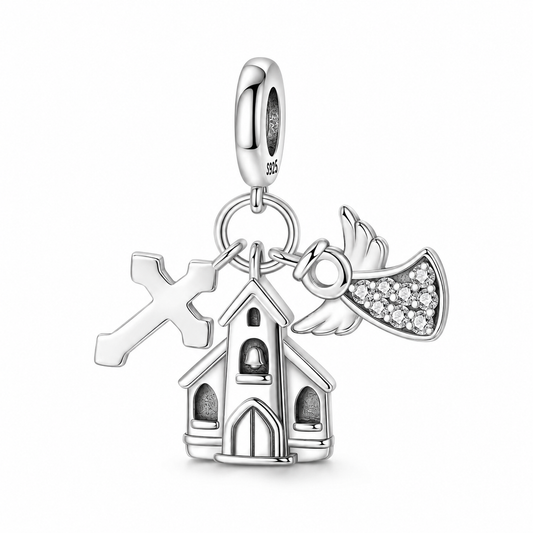 Dije Iglesia con Cruz y Ángel — Plata 925