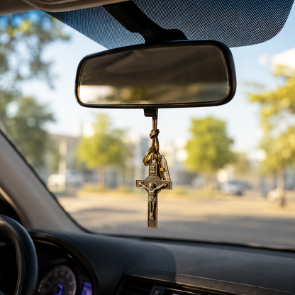 Cruz Retro para Auto – Colgante de Fe en Cuero