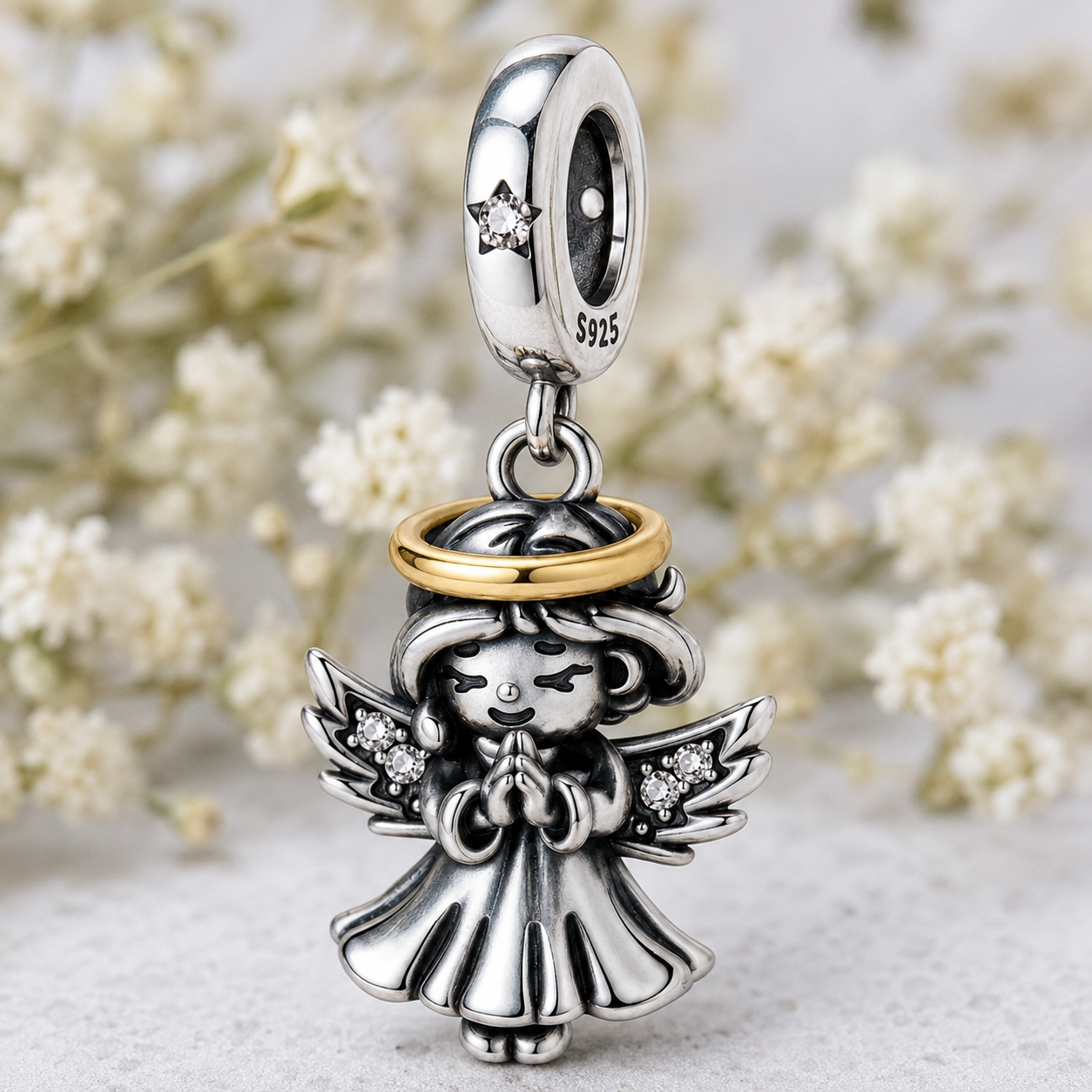 Dije Ángel con Aureola Dorada — Plata 925