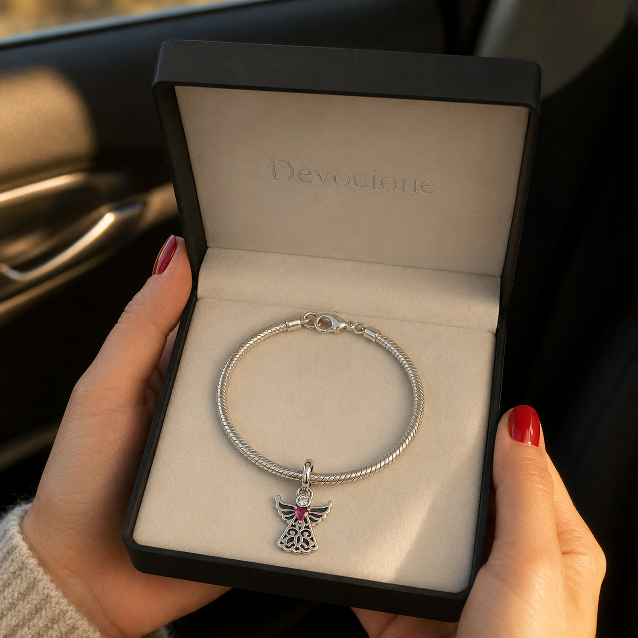 Dije Ángel con Corazón Rosa — Plata 925