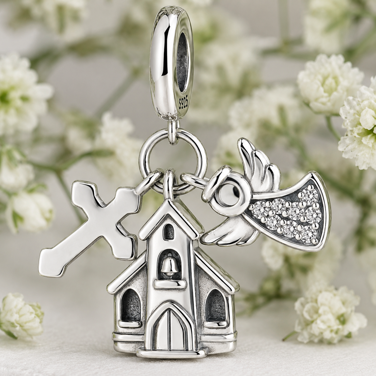 Dije Iglesia con Cruz y Ángel — Plata 925