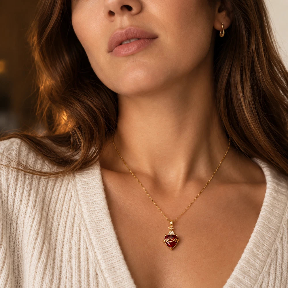 Fotografía del collar Sagrado Corazón de Jesús sobre una modelo
